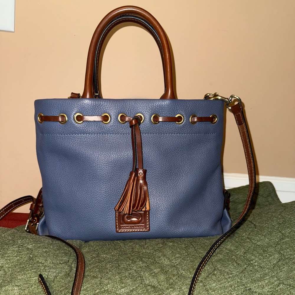 Blue and Brown Leather Tote Bag